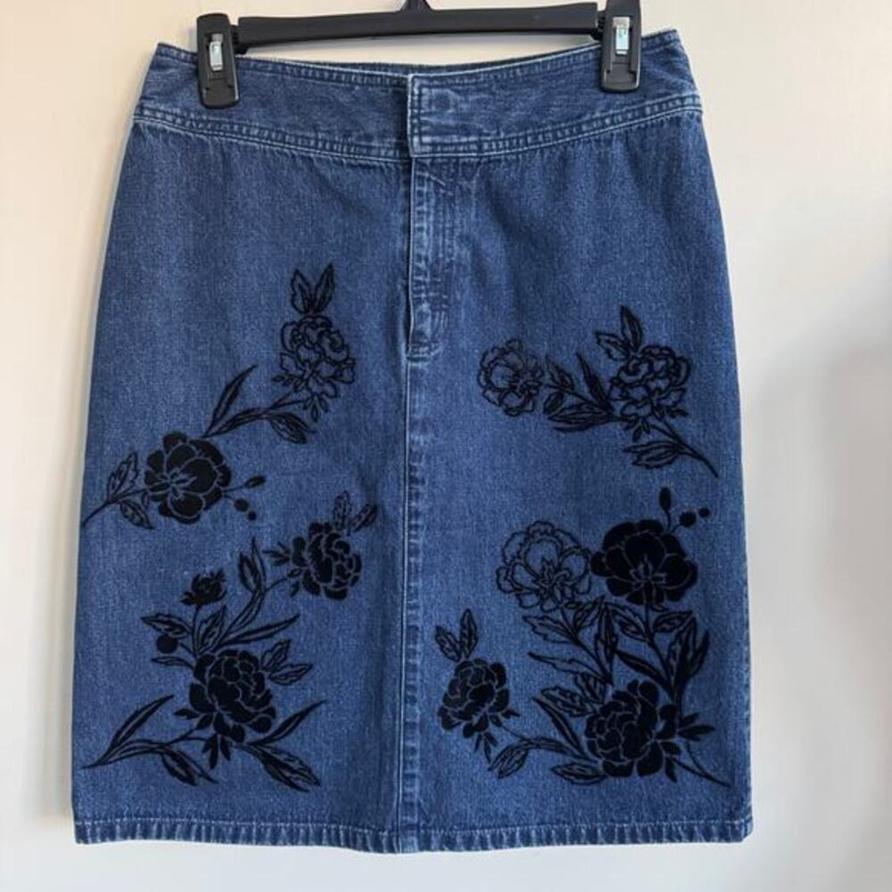 Vintage Liz Claiborne Jeans Denim‎ Skirt Straight Flocked Floral Design 6